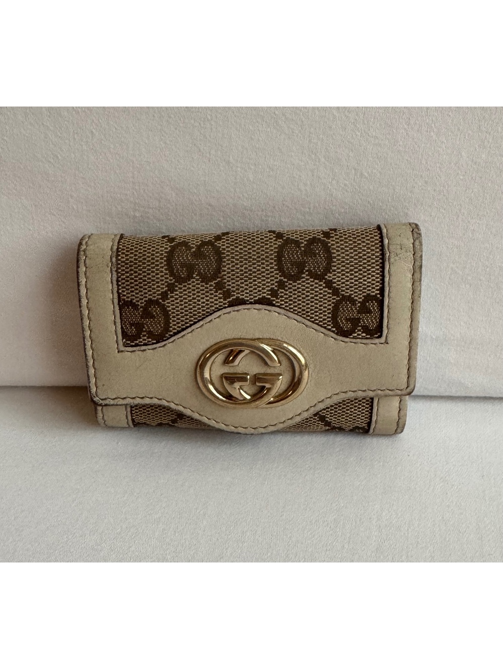 Gucci GG Monogram Canvas 6 Ring Key Case Beige Brown Gold Hardware Italy Auth